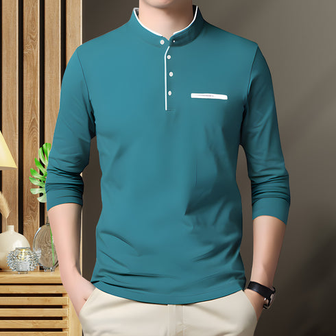 Men Teal Henley Full Sleeve T-Shirt